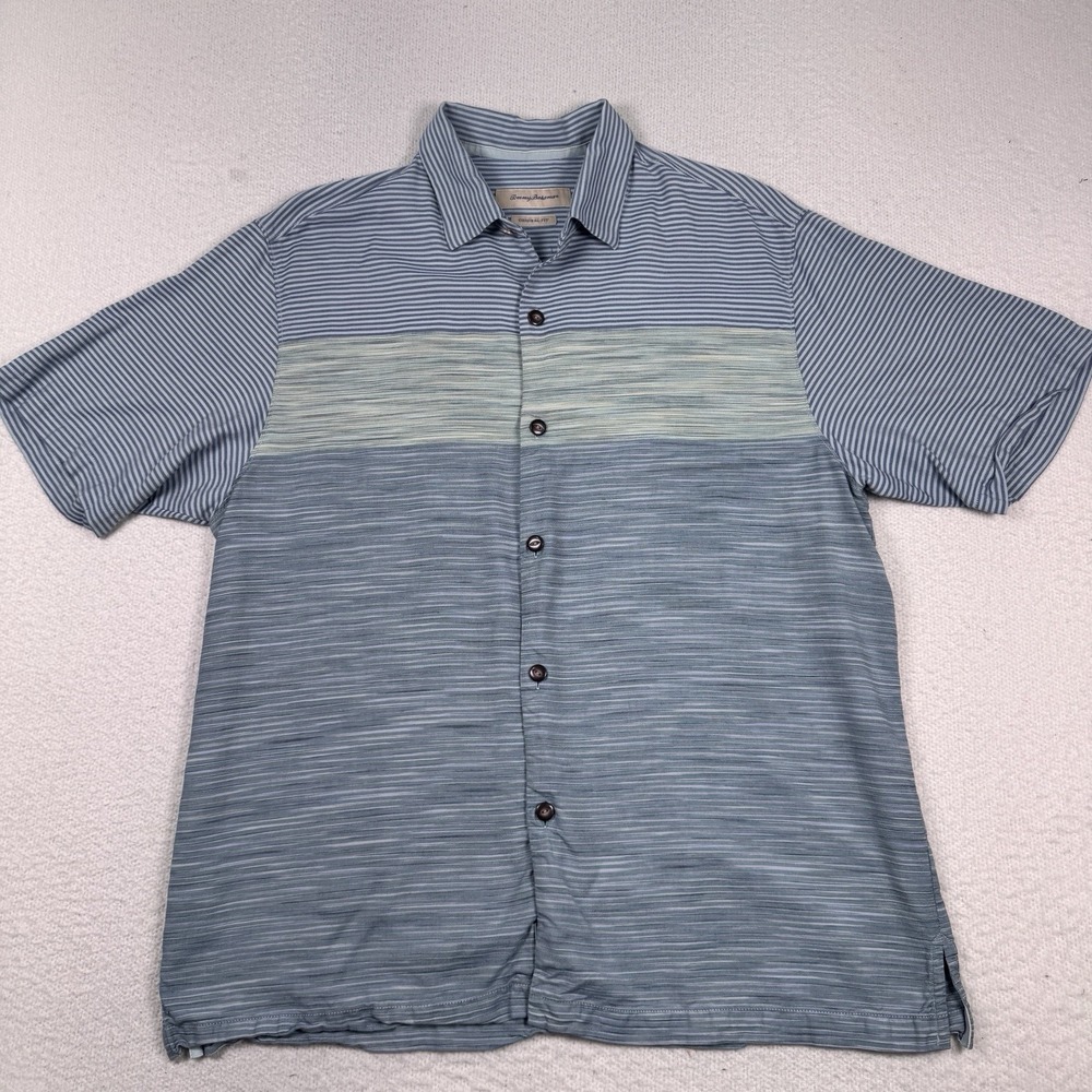 Tommy Bahama Mens XL Original Fit 100% Silk Short Sleeve Button Up Shirt Blue